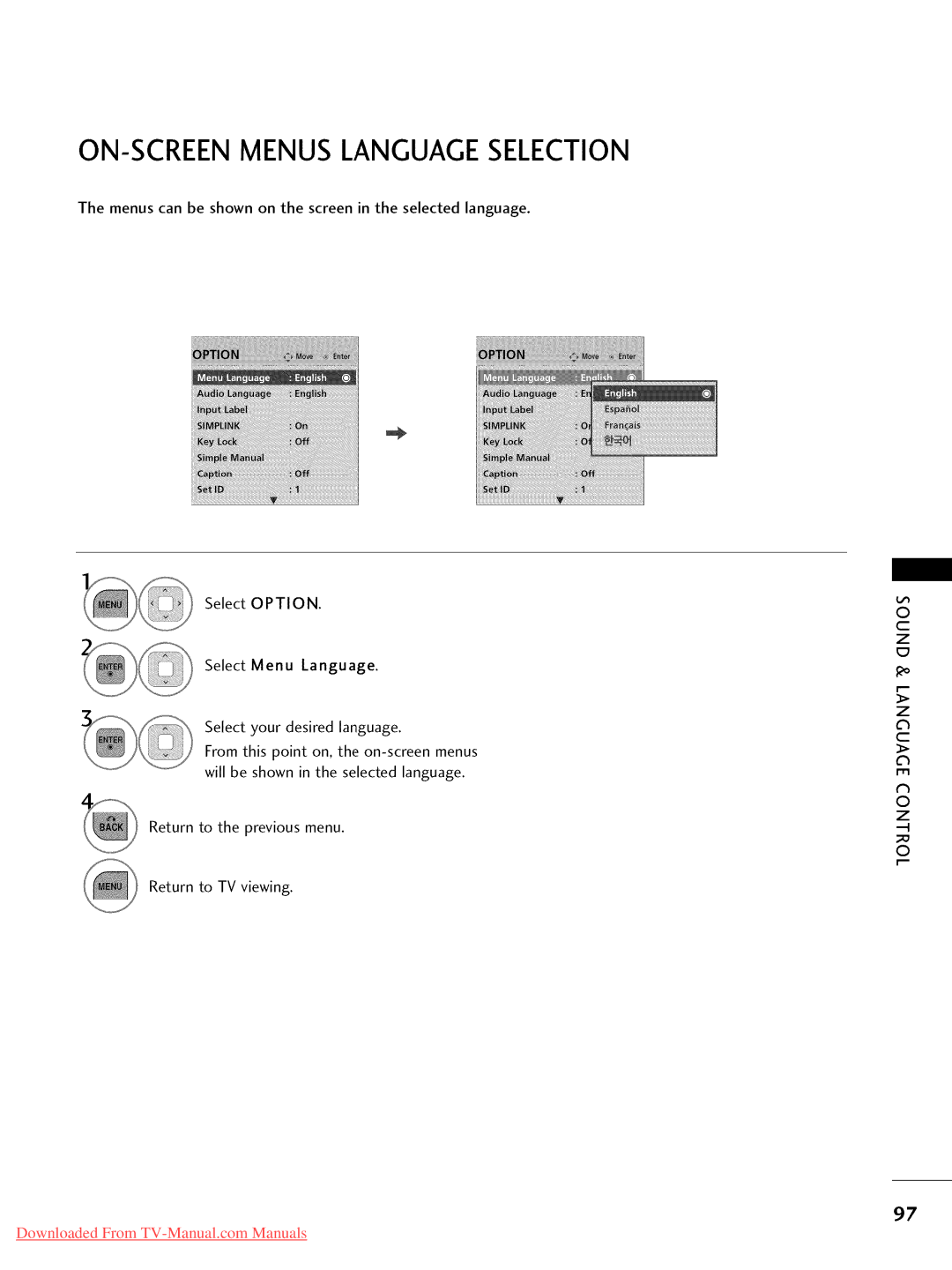 LG Electronics 19LD350, 32LD350, 47LD450, 47LD520, 47LD420, 37LD450, 32LD320, 26LD350, 22LD350 ON-SCREEN Menus Language Selection 