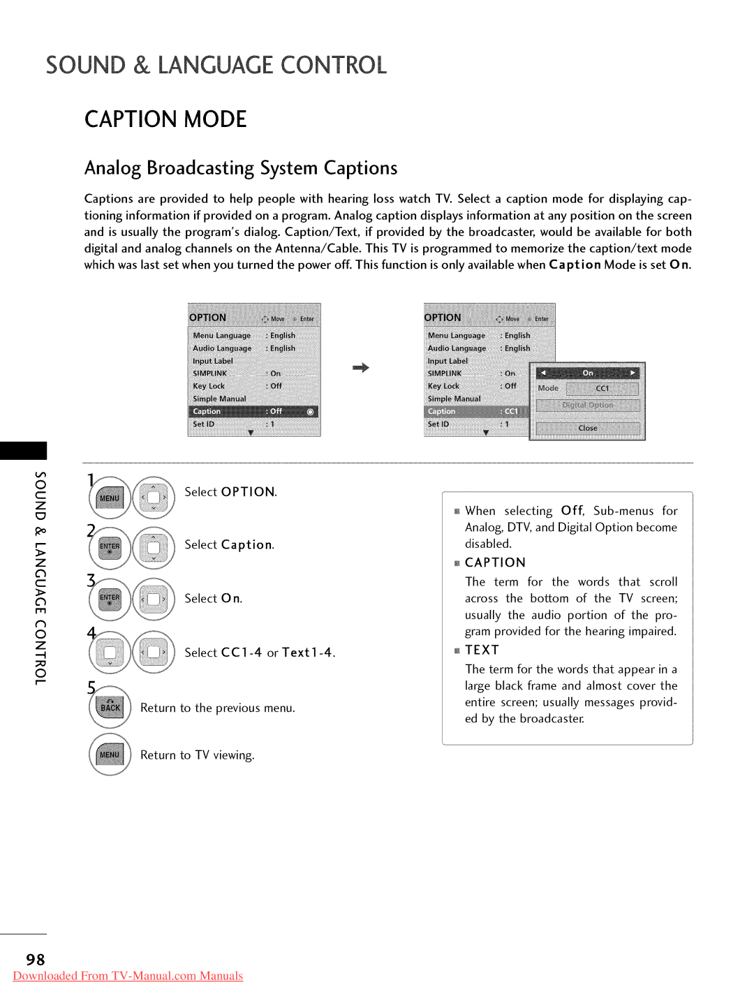 LG Electronics 32LD350, 47LD450, 47LD520, 47LD420 Caption Mode, Analog Broadcasting System Captions, Select CC1-4 or Text1-4 