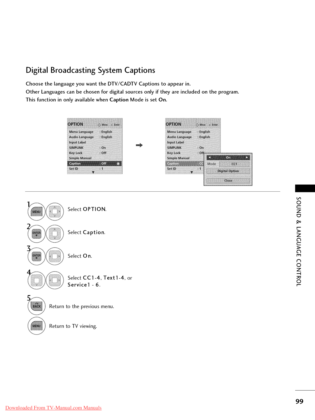 LG Electronics 47LD450, 32LD350, 47LD520, 47LD420 Digital Broadcasting System Captions, Select CC1-4, Text1-4, or Service1 