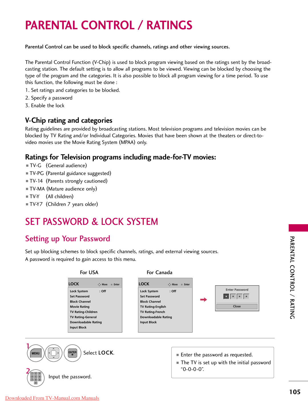 LG Electronics 22LD350, 32LD350 SET Password & Lock System, Setting up Your Password, Chip rating and categories, 105 