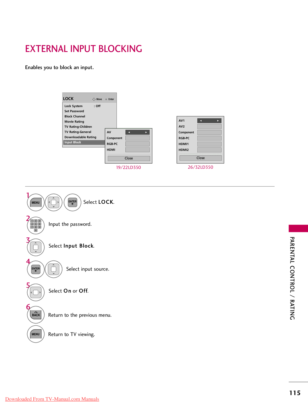 LG Electronics 47LD420, 32LD350, 47LD450, 47LD520, 37LD450 External Input Blocking, 115, Enables you to block an input 