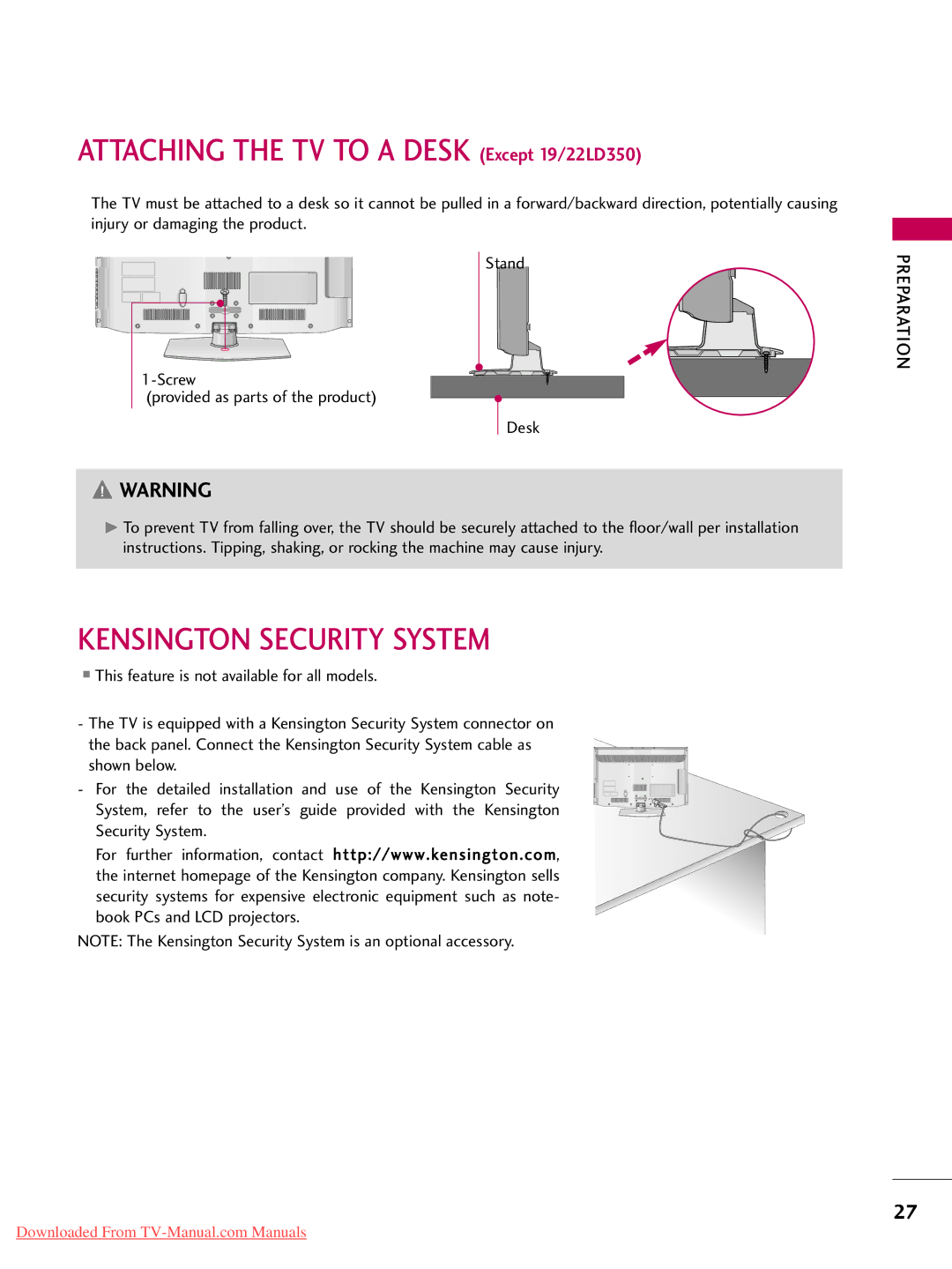 LG Electronics 19LD350, 32LD350, 47LD450, 47LD520 Attaching the TV to a Desk Except 19/22LD350, Kensington Security System 