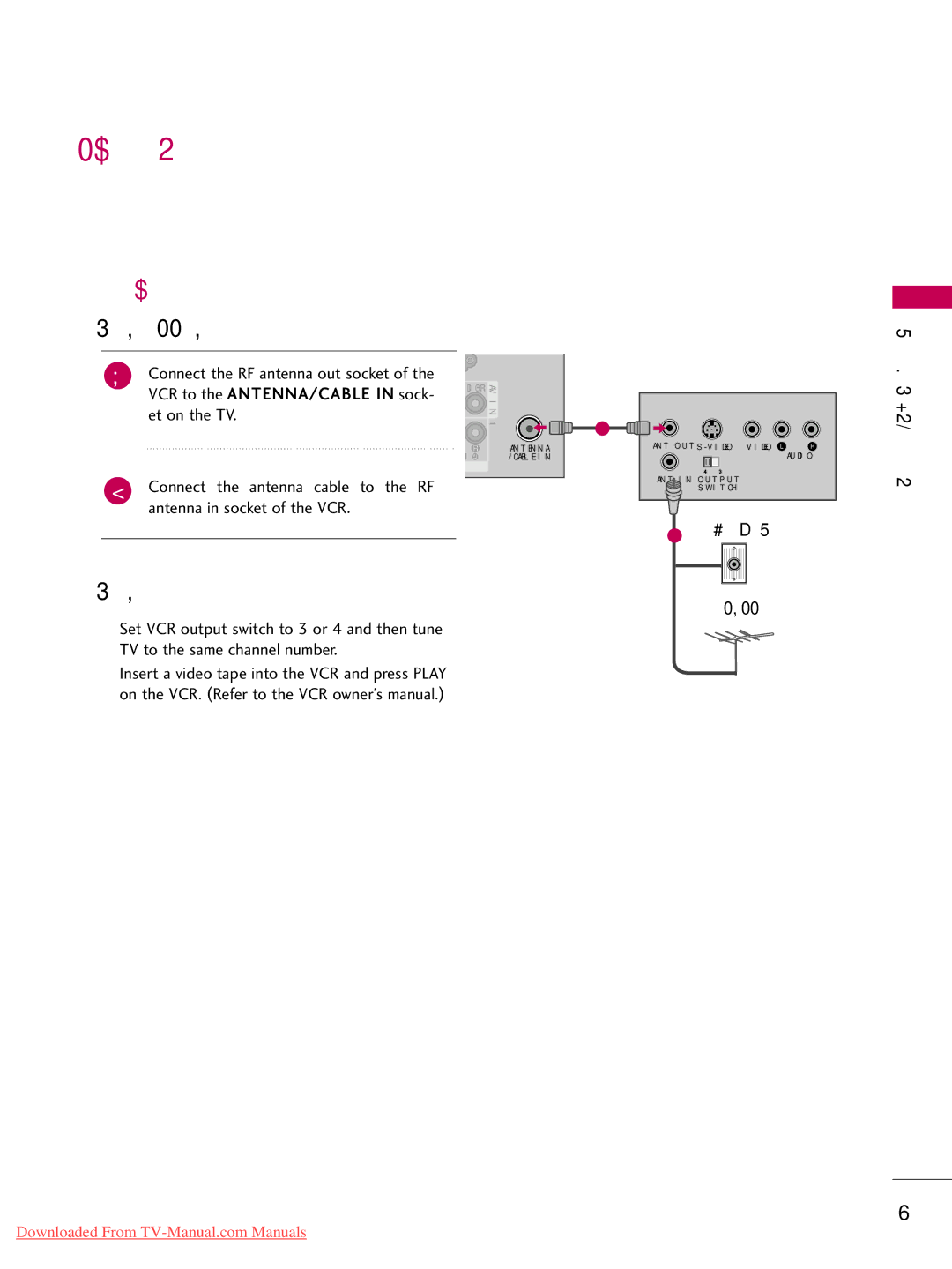 LG Electronics 22LD350, 32LD350, 47LD450, 47LD520, 47LD420, 37LD450, 32LD320, 26LD350, 32LD450 VCR Setup, Antenna Connection 