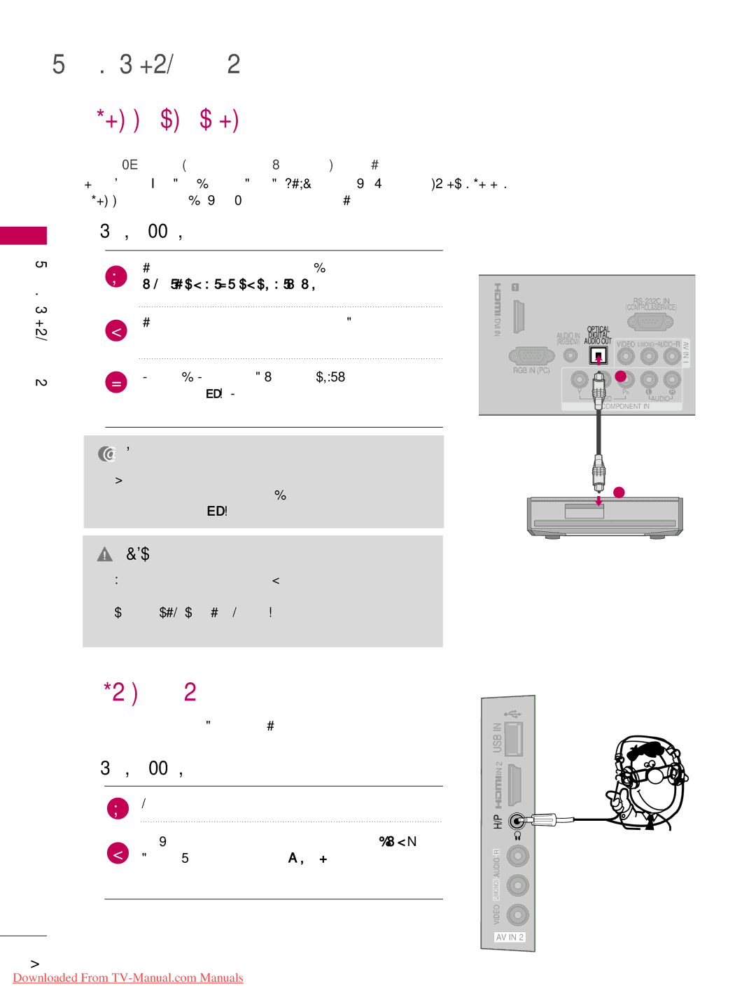 LG Electronics 42LD520, 32LD350 Audio OUT Connection, Headphone Setup, Connect one end of the optical cable to the TV port 