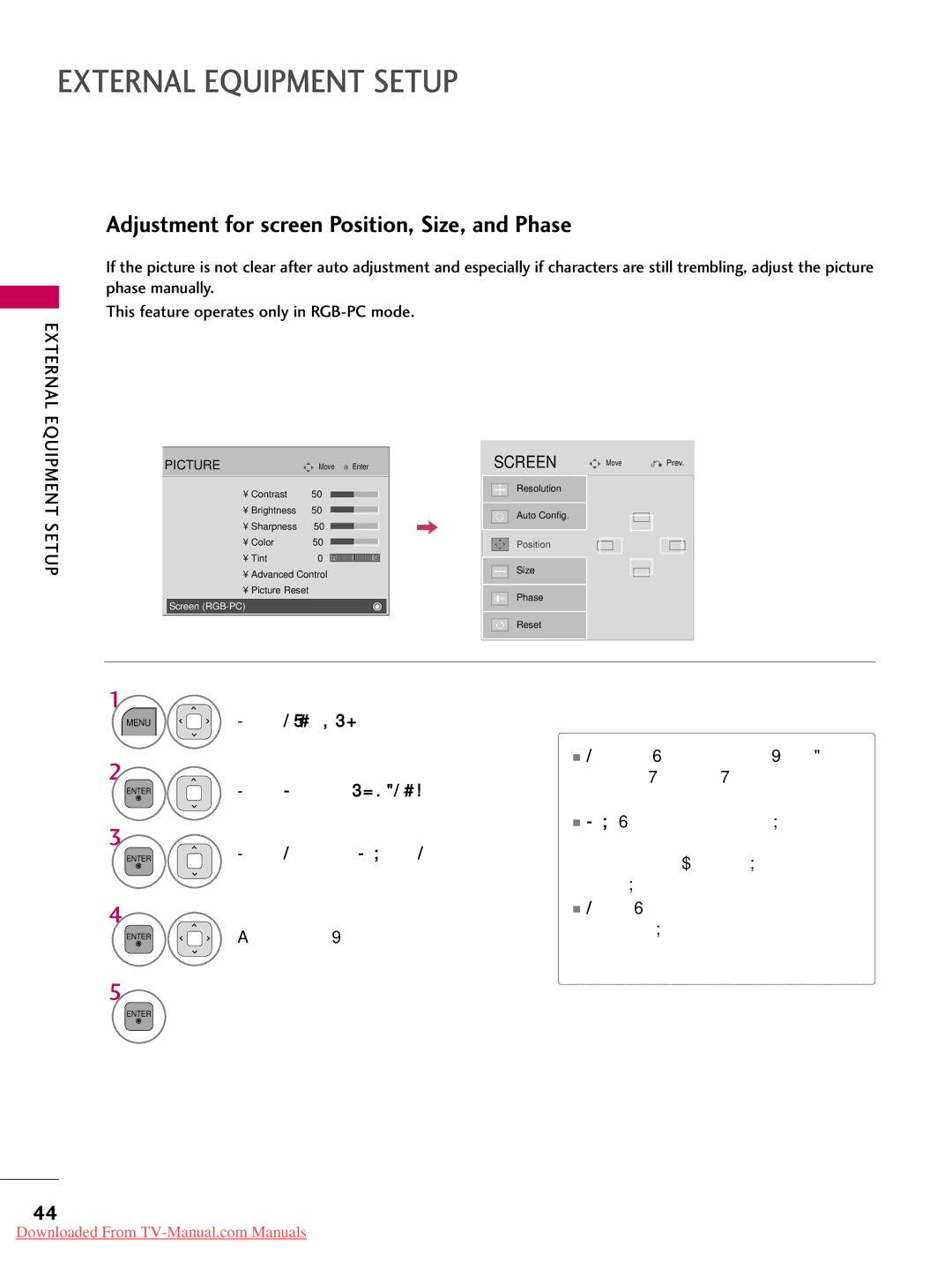 LG Electronics 47LD520, 32LD350, 47LD450, 47LD420, 37LD450, 32LD320, 26LD350 Adjustment for screen Position, Size, and Phase 