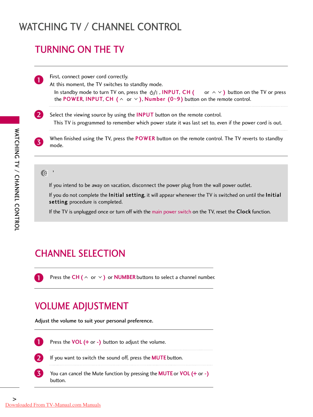 LG Electronics 26LD350, 32LD350, 47LD450, 47LD520, 47LD420, 37LD450 Turning on the TV, Channel Selection, Volume Adjustment 