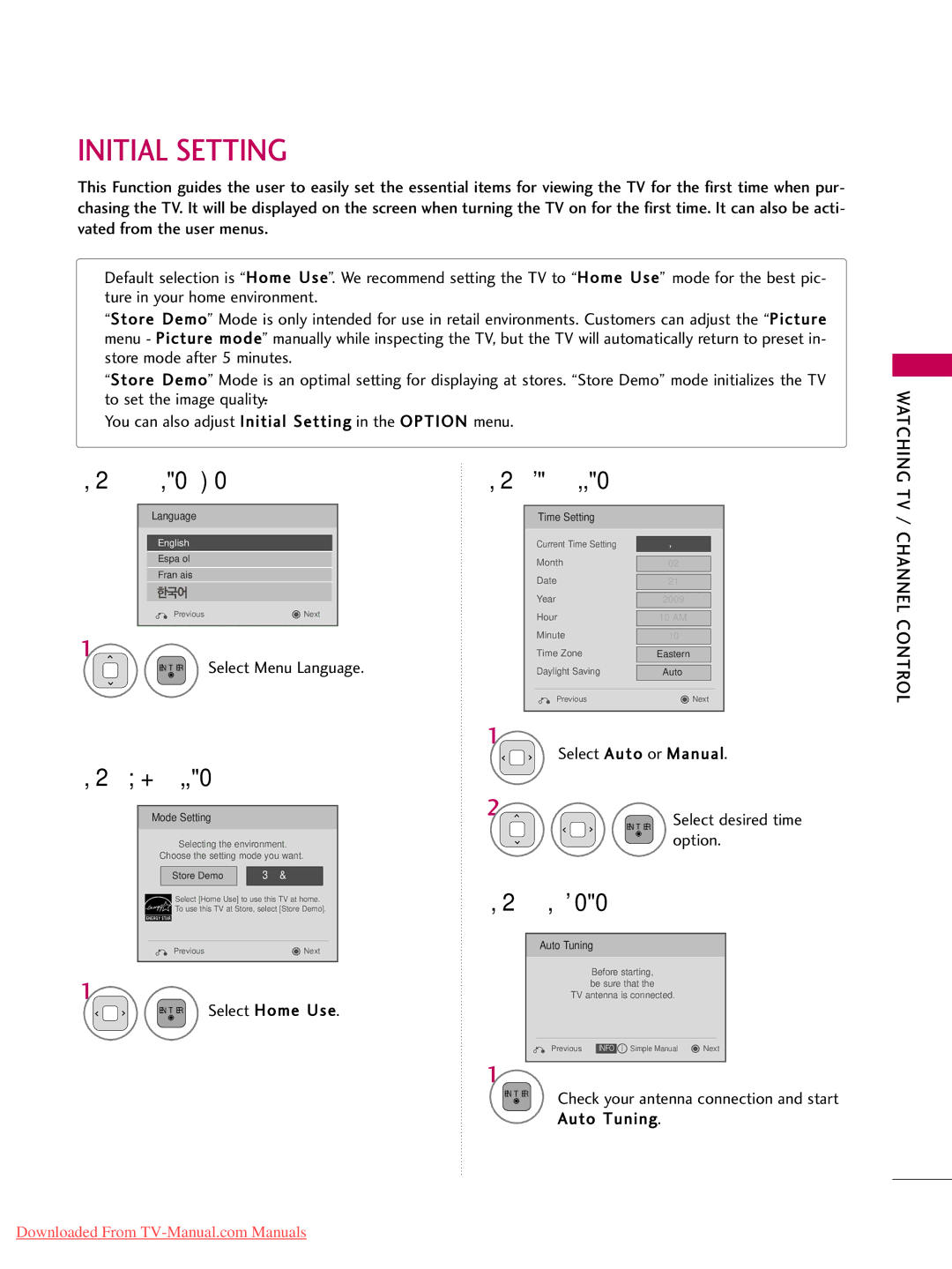 LG Electronics 22LD350, 32LD350, 47LD450, 47LD520, 47LD420 Initial Setting, Selecting Language, Time setting, Channel Control 