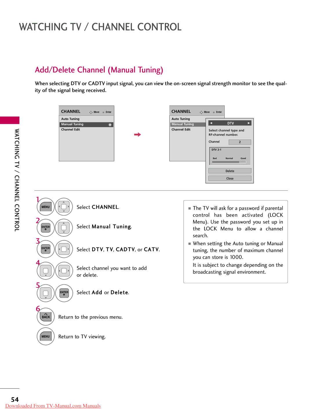 LG Electronics 55LD520, 32LD350, 47LD450, 47LD520, 47LD420 Add/Delete Channel Manual Tuning, Back Return to the previous menu 