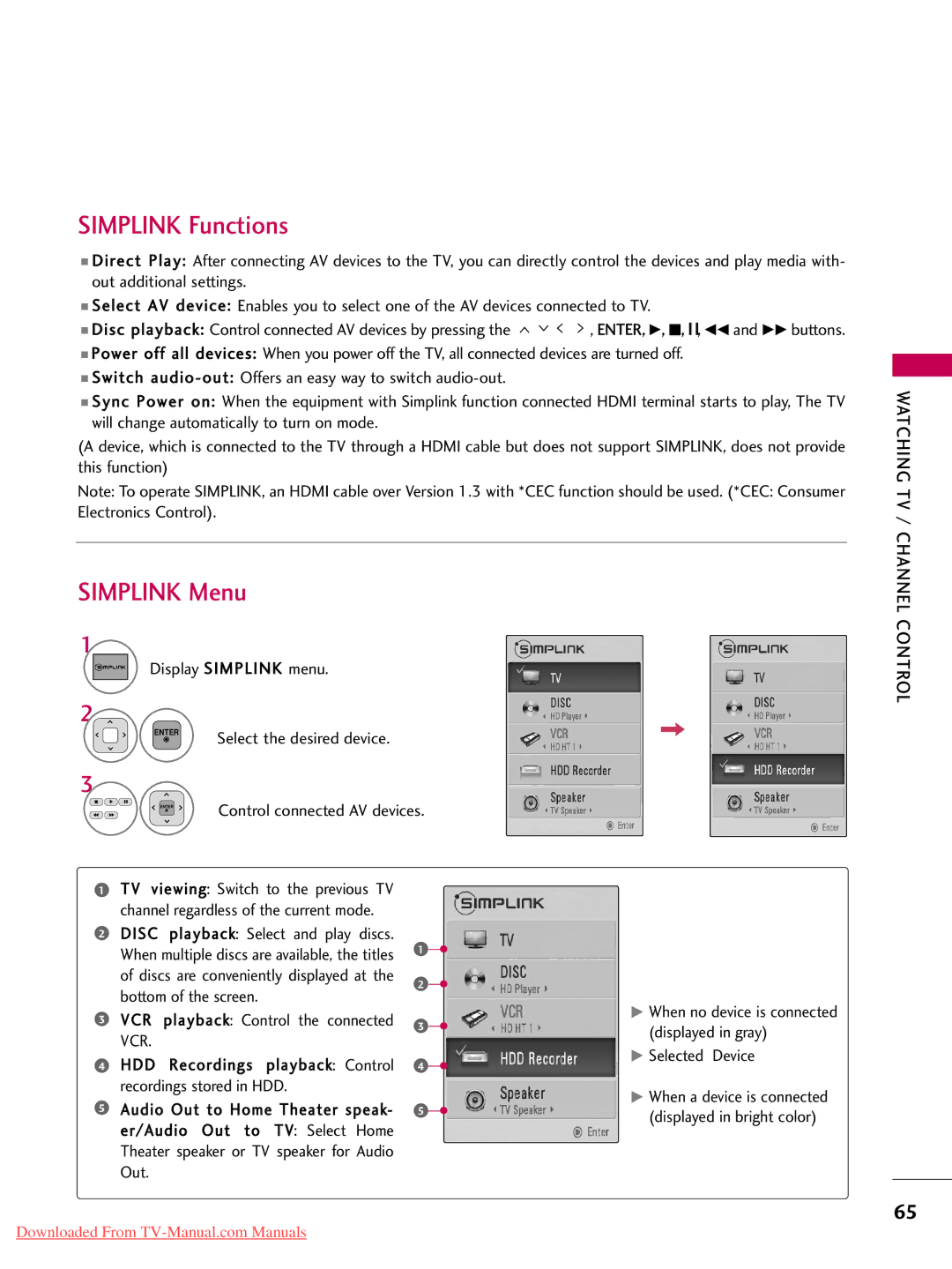 LG Electronics 42LD450, 32LD350, 47LD450, 47LD520 Simplink Functions, Simplink Menu, Display Simplink menu, Selected Device 