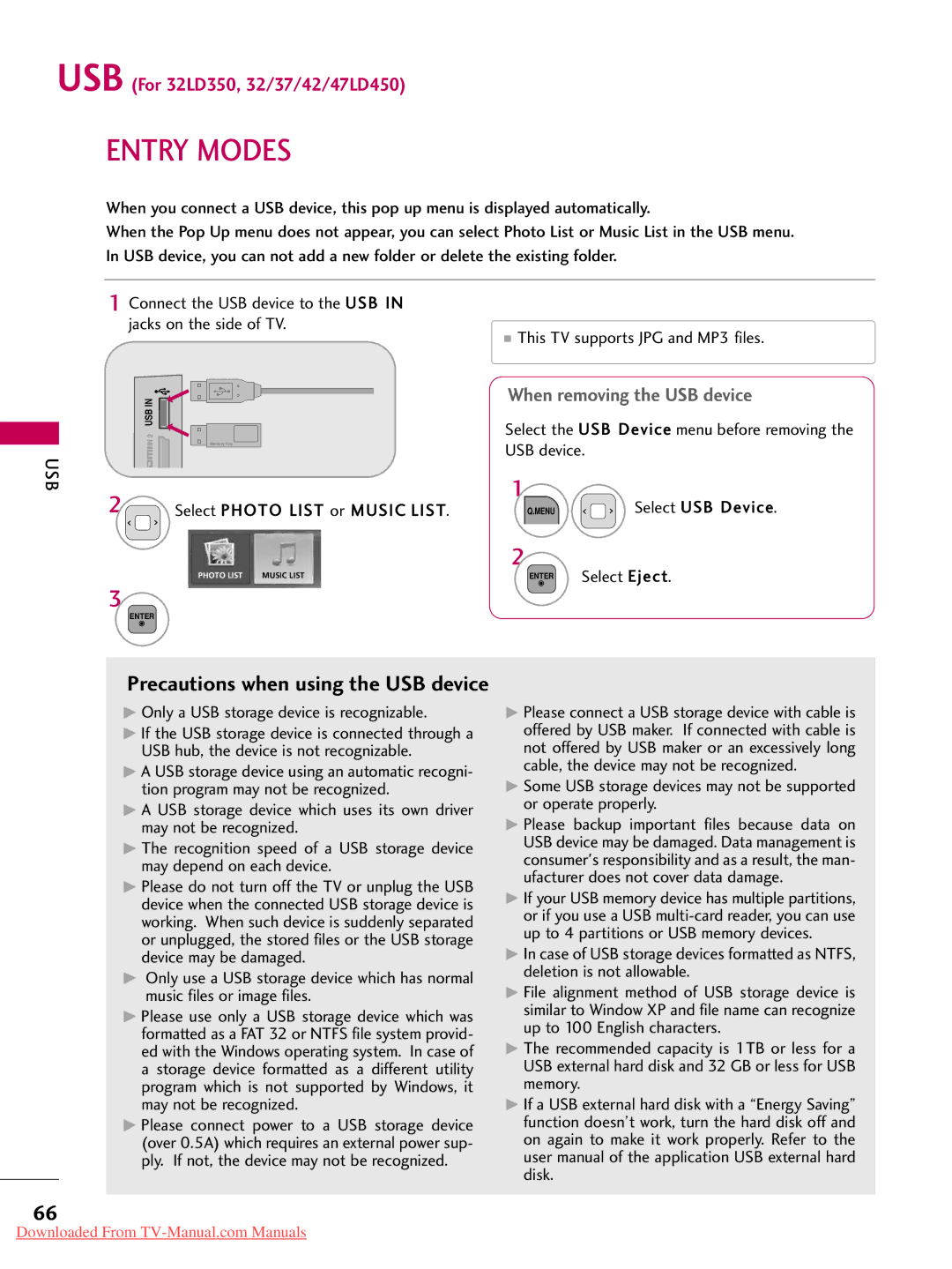 LG Electronics 42LD520 Entry Modes, Precautions when using the USB device, Usb, This TV supports JPG and MP3 files 