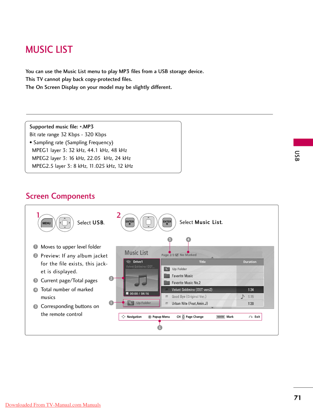 LG Electronics 47LD450, 32LD350, 47LD520, 47LD420, 37LD450, 32LD320, 26LD350, 22LD350, 32LD450 Select USB Select Music List 