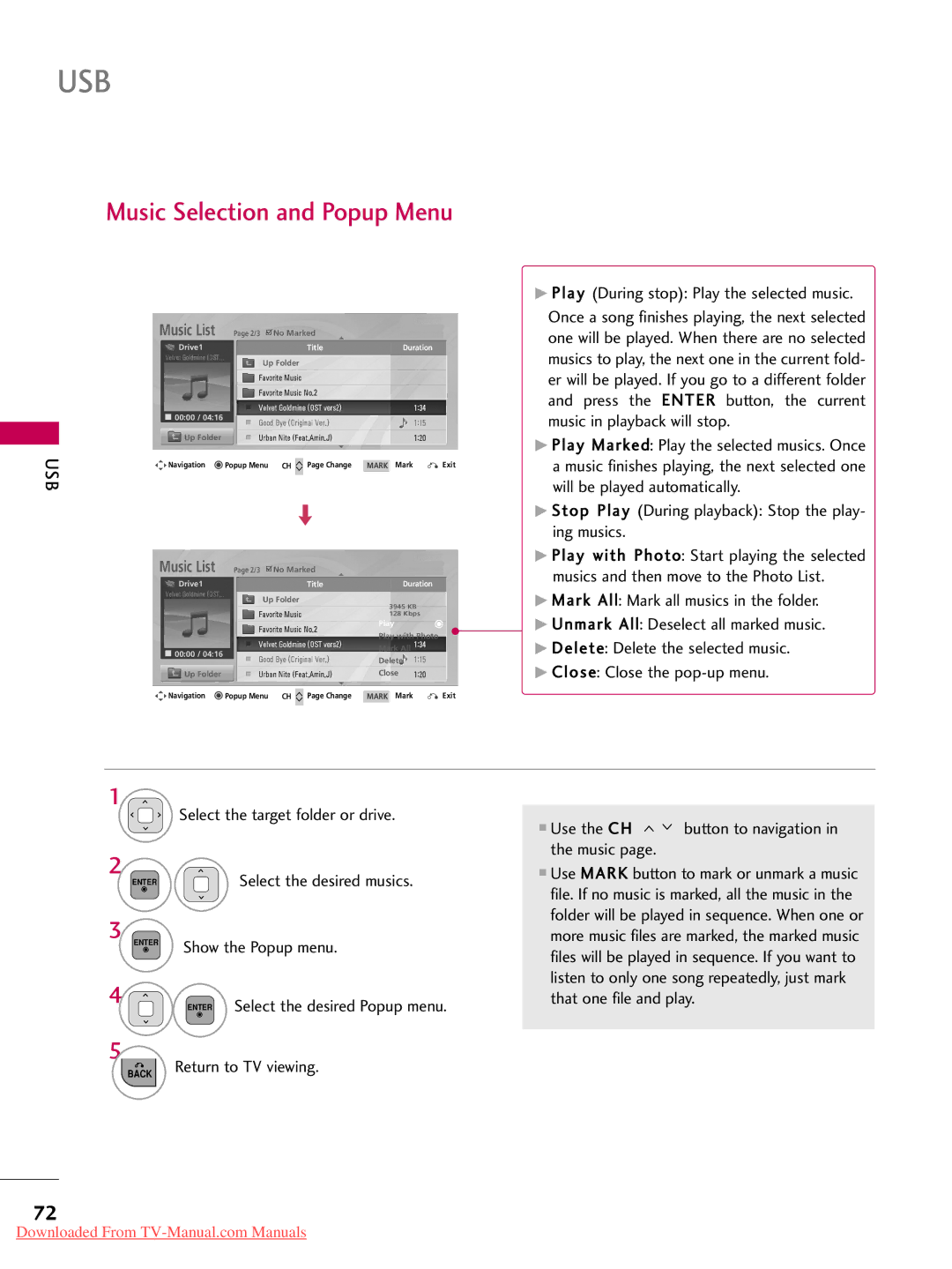 LG Electronics 47LD520, 32LD350, 47LD450 Music Selection and Popup Menu, Use the CH button to navigation in the music 