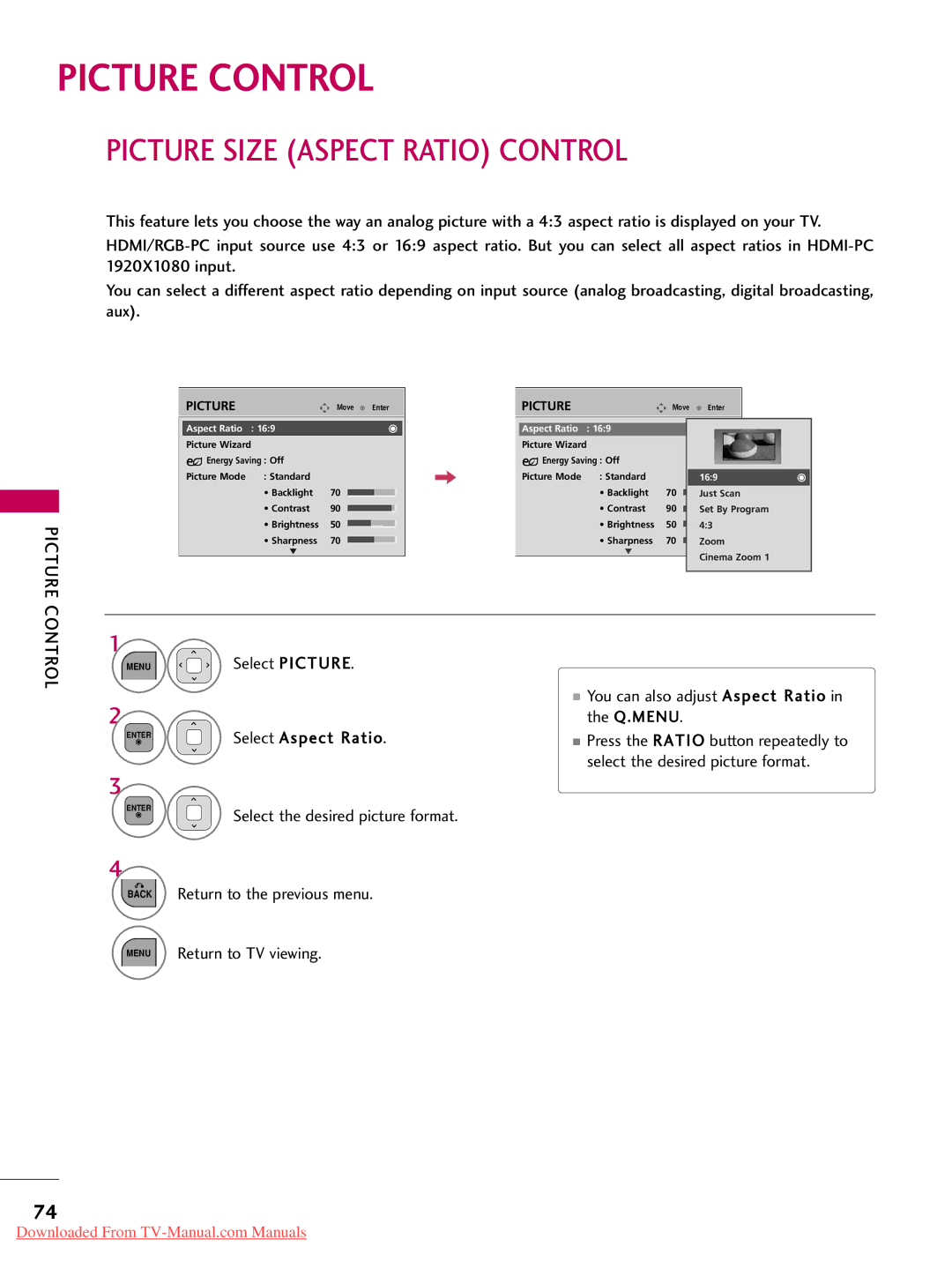 LG Electronics 37LD450, 32LD350, 47LD450, 47LD520, 47LD420, 32LD320, 26LD350, 22LD350, 32LD450 Picture Size Aspect Ratio Control 