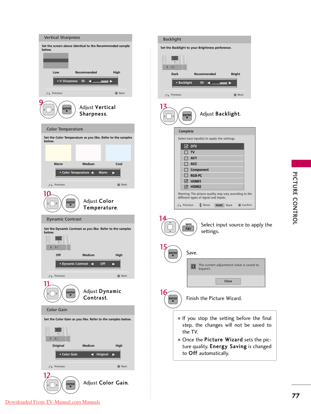 LG Electronics 22LD350, 32LD350, 47LD450, 47LD520 Select input source to apply, Settings, Save, Finish the Picture Wizard 