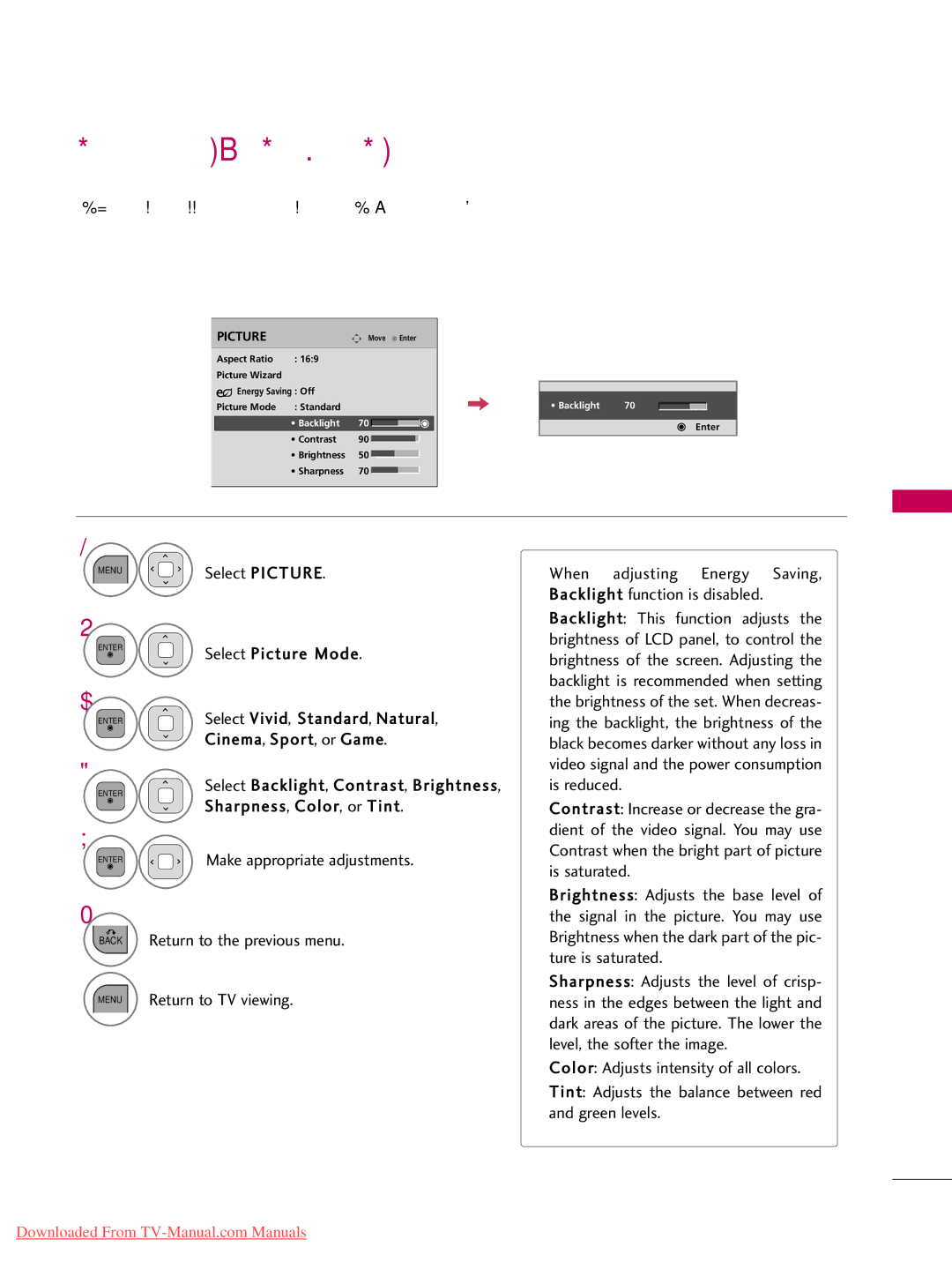 LG Electronics 42LD450, 32LD350, 47LD450, 47LD520, 47LD420, 37LD450 Manual Picture Adjustment User Mode, Picture Control 