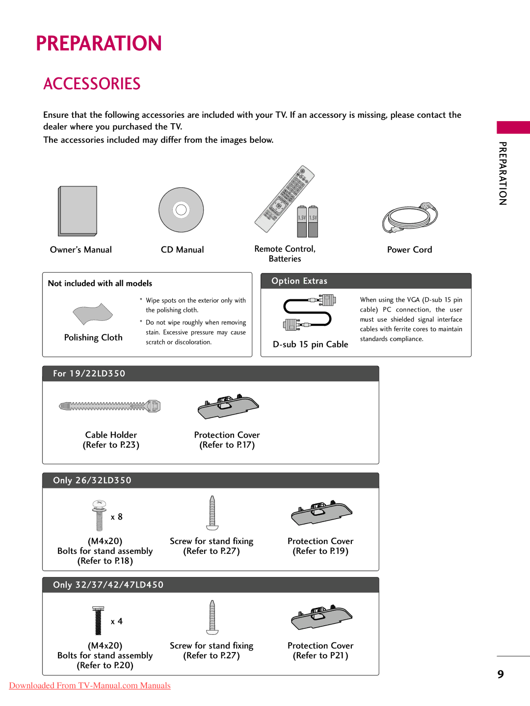 LG Electronics 42LD450, 32LD350, 47LD450, 47LD520, 47LD420 Accessories, Preparation, Polishing Cloth, Sub 15 pin Cable, M4x20 