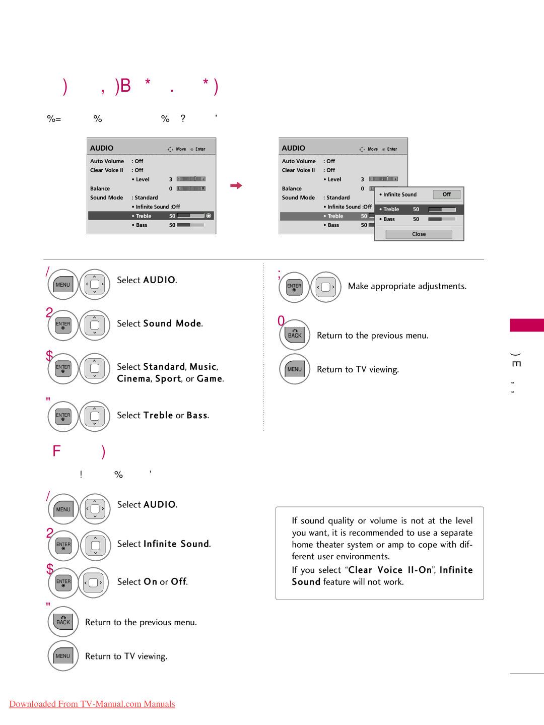 LG Electronics 22LD350, 32LD350, 47LD450, 47LD520, 47LD420, 37LD450, 32LD320, 26LD350, 32LD450 Sound Setting Adjustment User Mode 