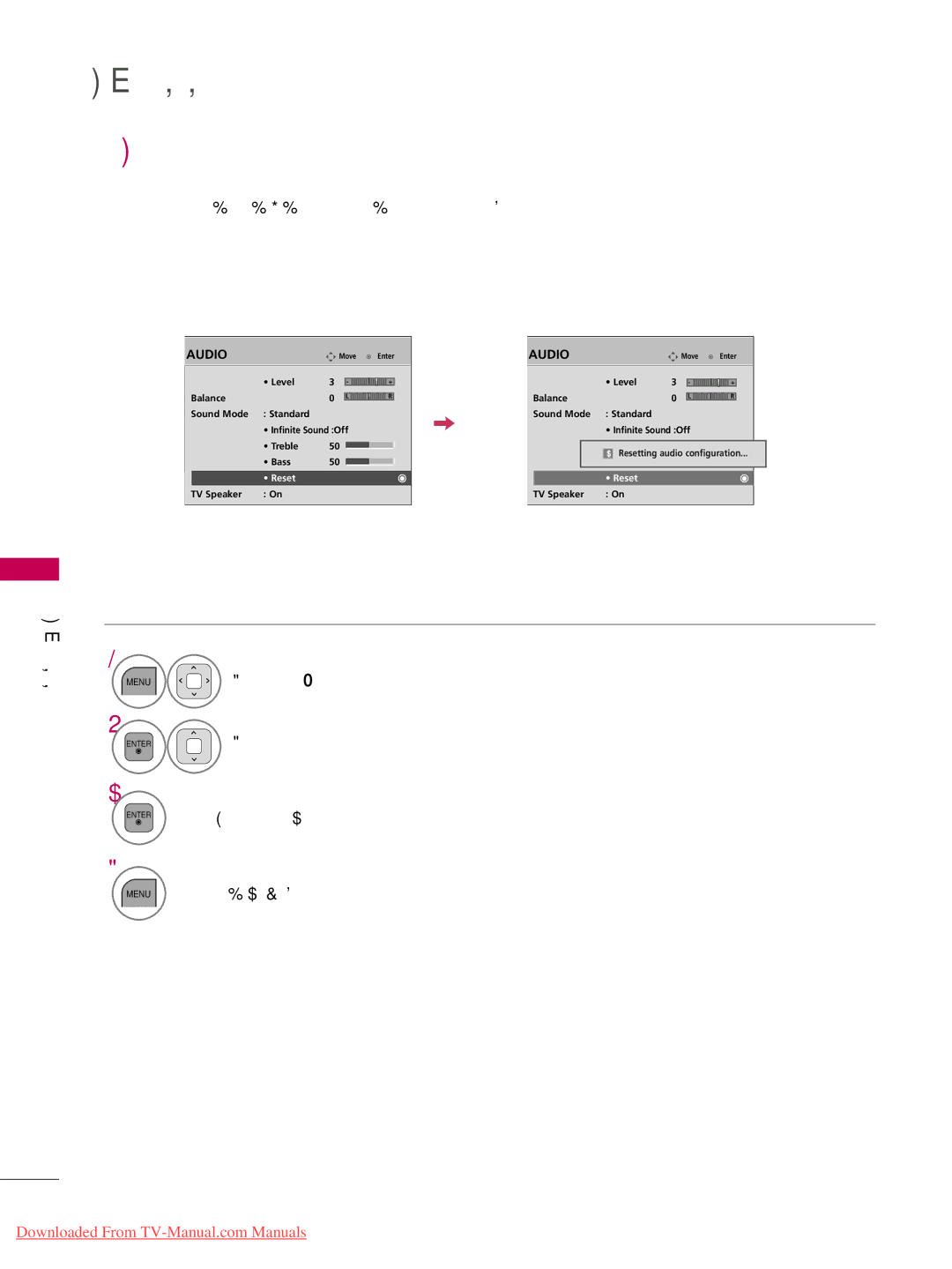 LG Electronics 42LD520, 32LD350, 47LD450, 47LD520, 47LD420, 37LD450, 32LD320, 26LD350, 22LD350 Audio Reset, Menu Select Audio 