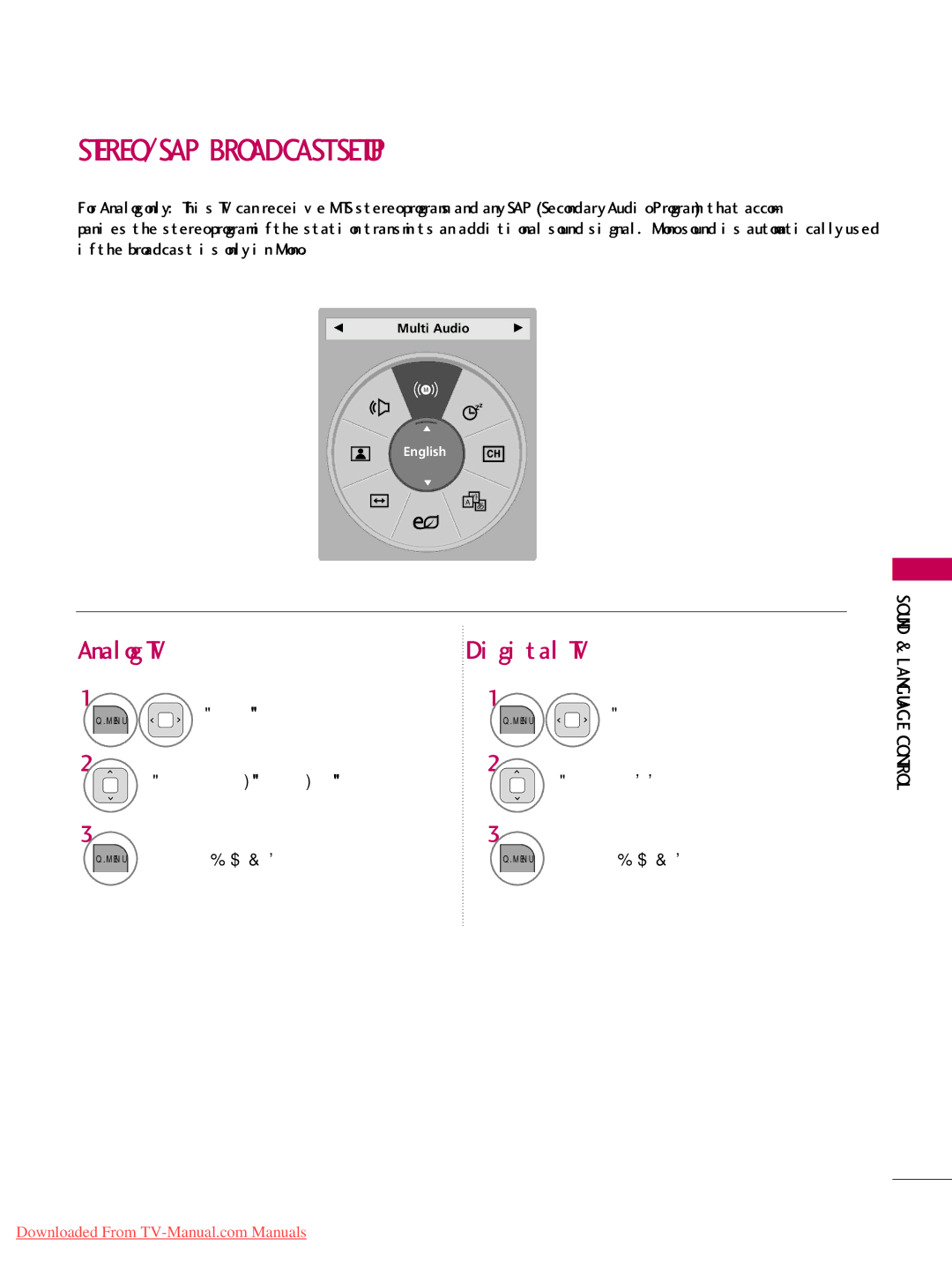 LG Electronics 42LD420, 32LD350, 47LD450, 47LD520, 47LD420 STEREO/SAP Broadcast Setup, Analog TV, Sound, Language Control 