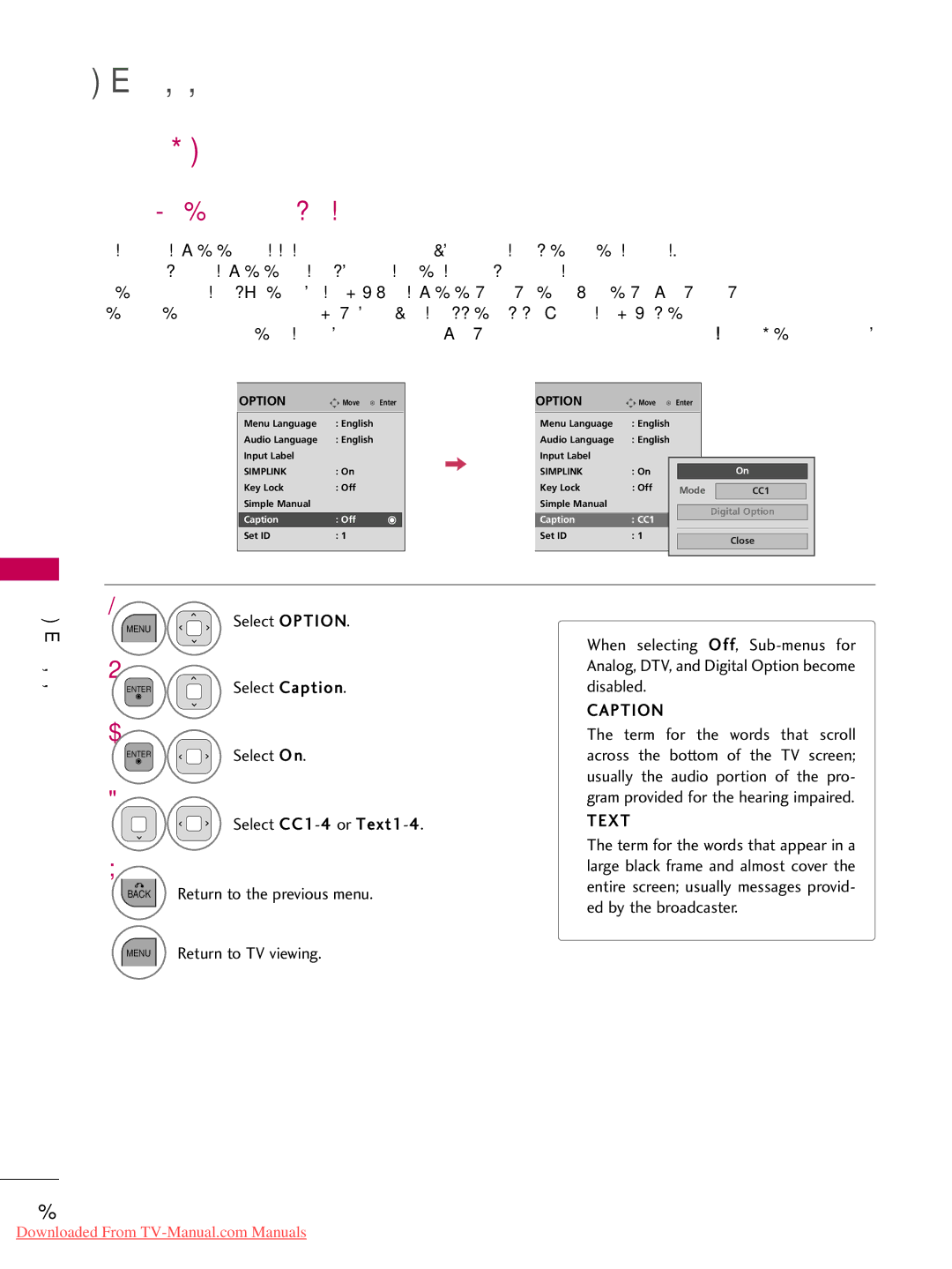 LG Electronics 32LD350, 47LD450, 47LD520, 47LD420, 37LD450, 32LD320 Caption Mode, Analog Broadcasting System Captions, Text 