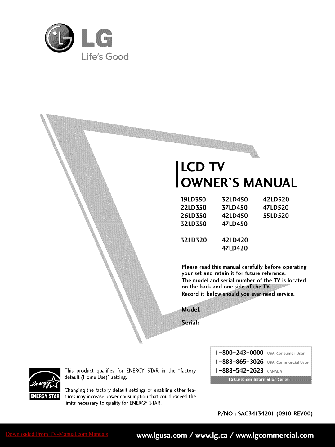 LG Electronics 47LD450 owner manual Lcd Tv Owners Manual, Lifds Good, Downloaded From TV-Manual.com Manuals, 19LD350 