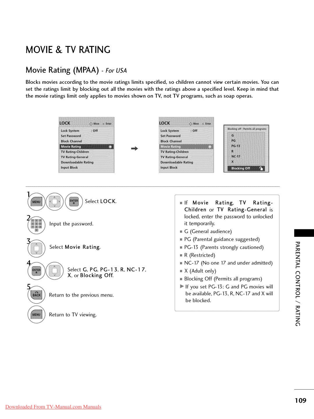 LG Electronics 42LD420 Movie & Tv Rating, Movie Rating MPAA - For USA, i!!i!!i!!i, Downloaded From TV-Manual.com Manuals 