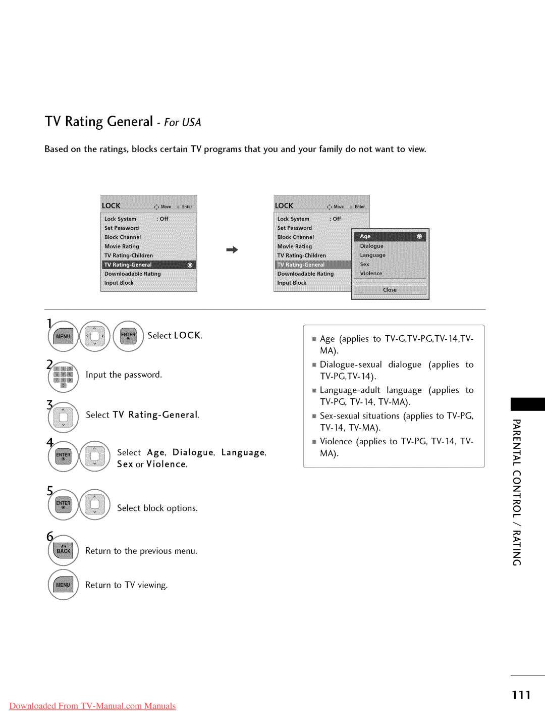 LG Electronics 19LD350, 32LD350, 47LD450, 47LD520 TV Rating General- ForUSA, Downloaded From TV-Manual.com Manuals, previous 