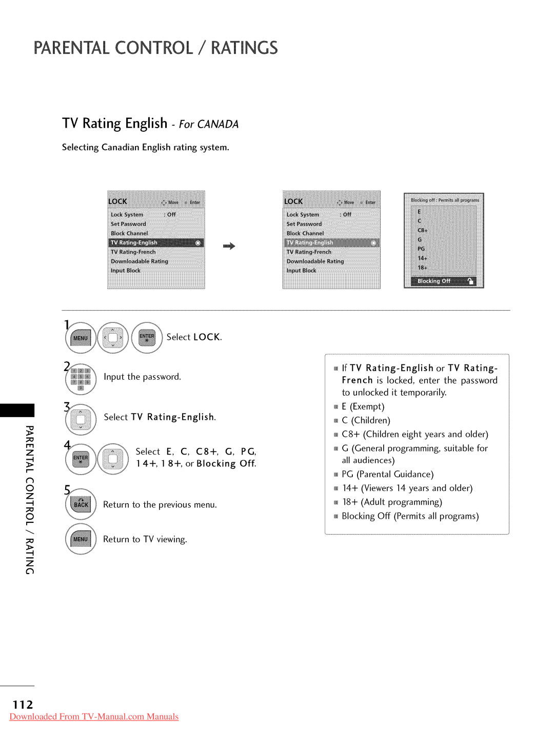 LG Electronics 32LD350 Parentalcontrol / Ratings, TV Rating English - ForCANADA, Downloaded From TV-Manual.com Manuals 