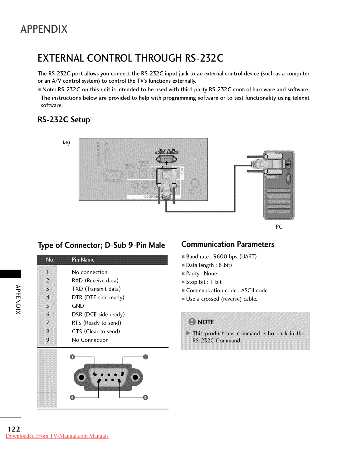 LG Electronics 42LD520 EXTERNAL CONTROL THROUGH RS-232C, RS-232C Setup, @@ 122, Downloaded From TV-Manual.com Manuals 