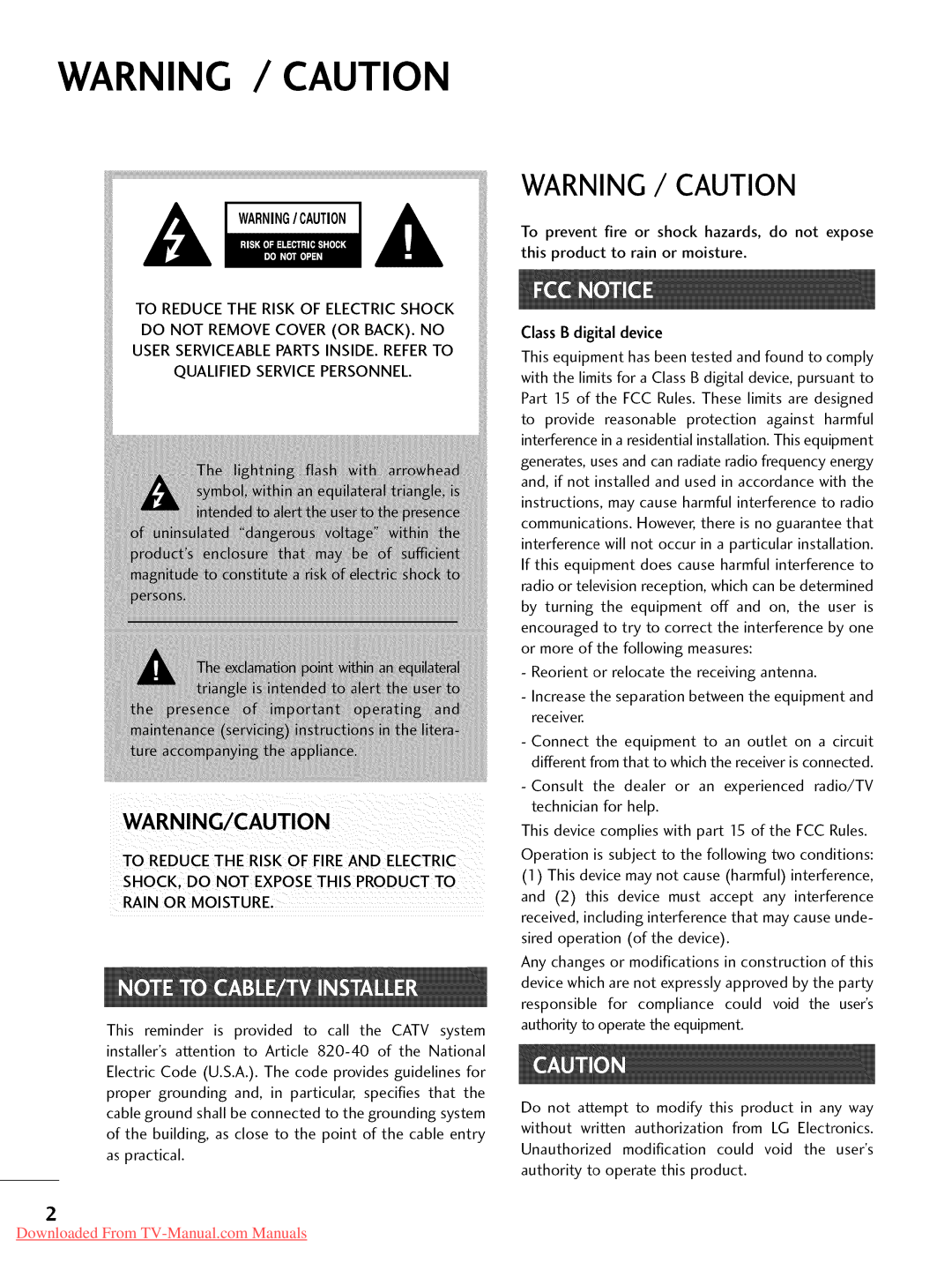 LG Electronics 47LD520, 32LD350, 47LD450, 47LD420, 37LD450, 32LD320 Warning / Caution, Downloaded From TV-Manual.com Manuals 