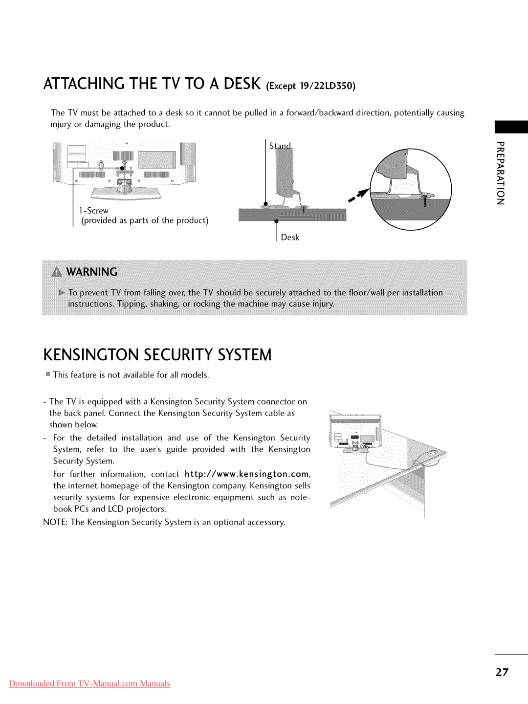 LG Electronics 19LD350, 32LD350, 47LD450, 47LD520 Kensingtonsecuritysystem, ATTACHING THE TV TO A DESK Except 19/22LD3S0 