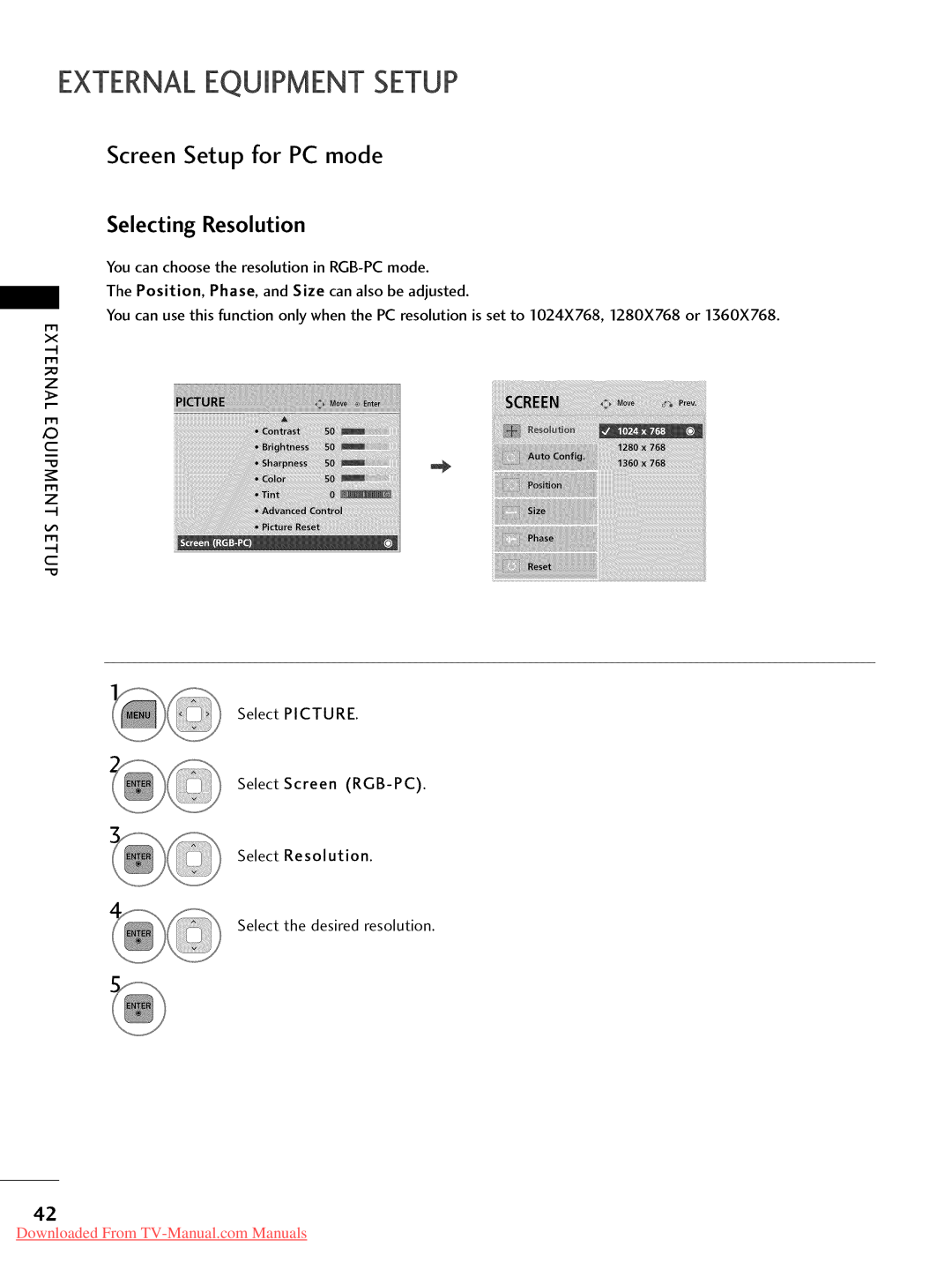 LG Electronics 32LD350, 47LD450, 47LD520, 47LD420 Externalequipment Setup, Screen Setup for PC mode, Selecting Resolution 