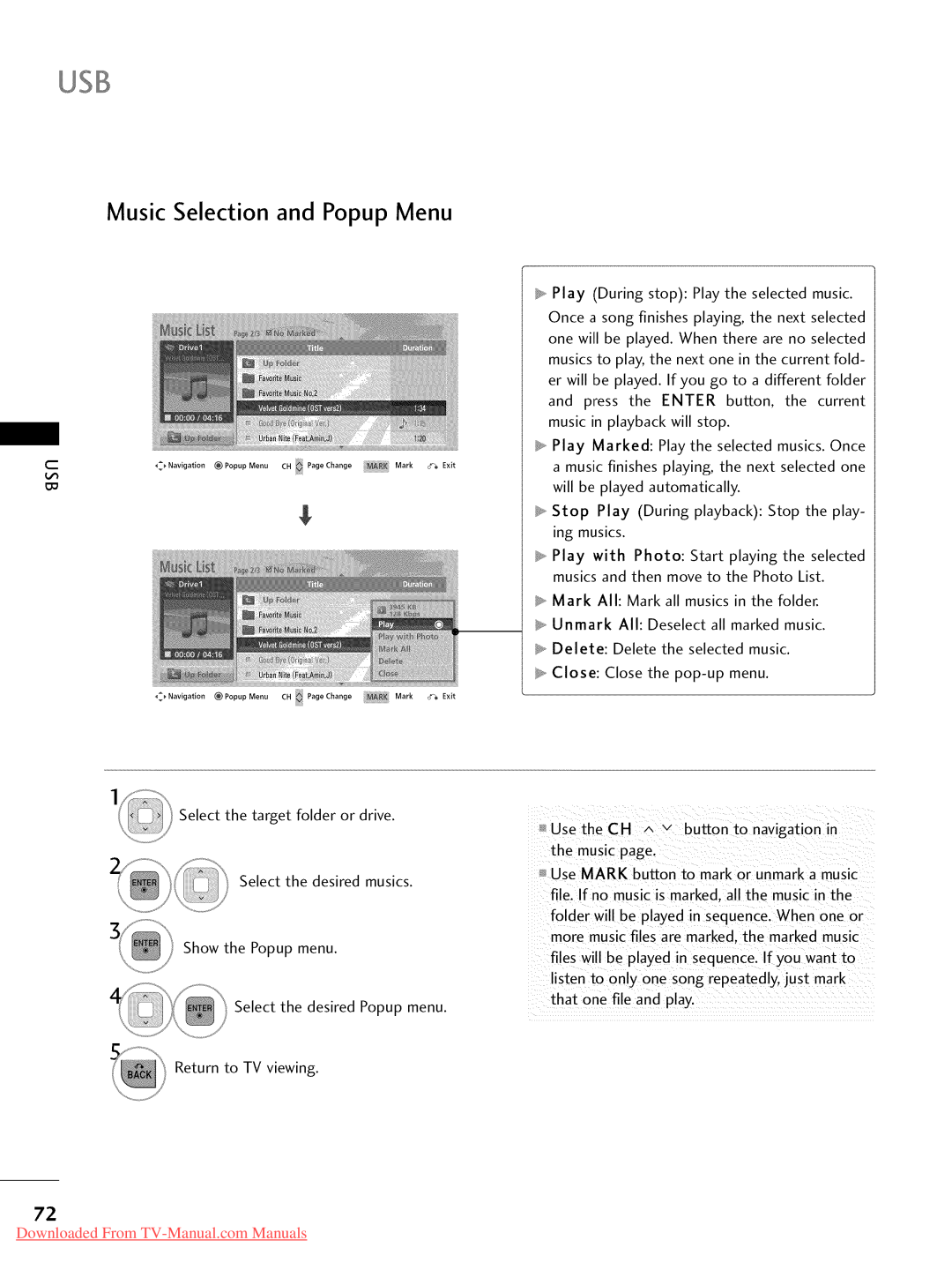 LG Electronics 47LD520, 32LD350, 47LD450, 47LD420 Music Selection and Popup Menu, Downloaded From TV-Manual.com Manuals 