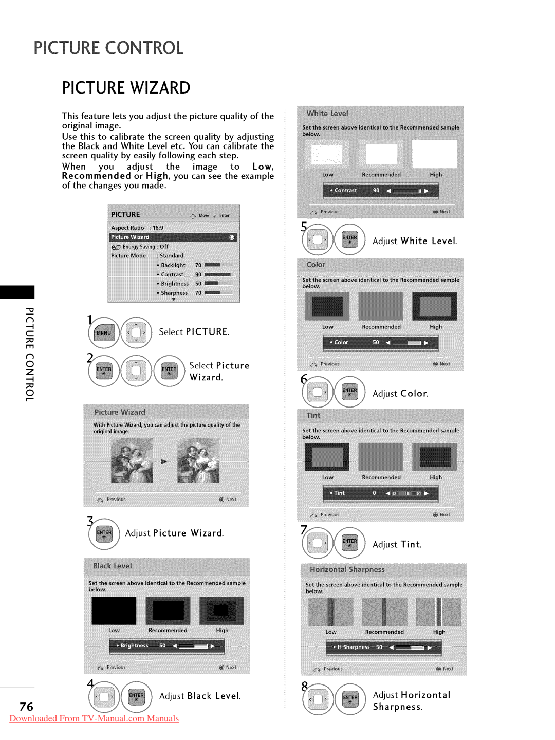 LG Electronics 26LD350 Picturecontrol, Picturewizard, Downloaded From TV-Manual.com Manuals, Adjust White Level, Wizard 