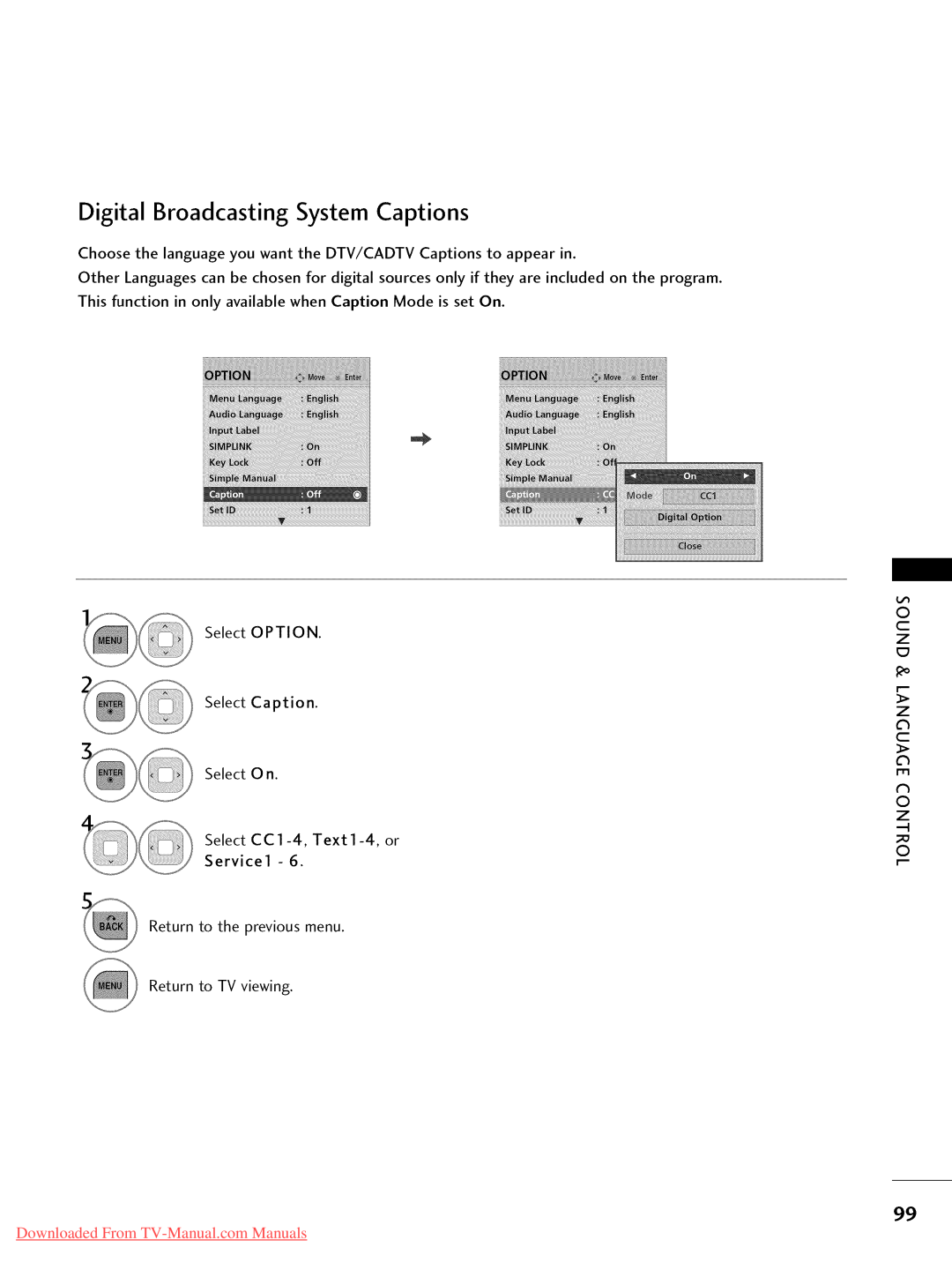 LG Electronics 47LD450, 32LD350 Digital Broadcasting System Captions, Select OPTION, Select CC1-4, Text1-4, or Service1 