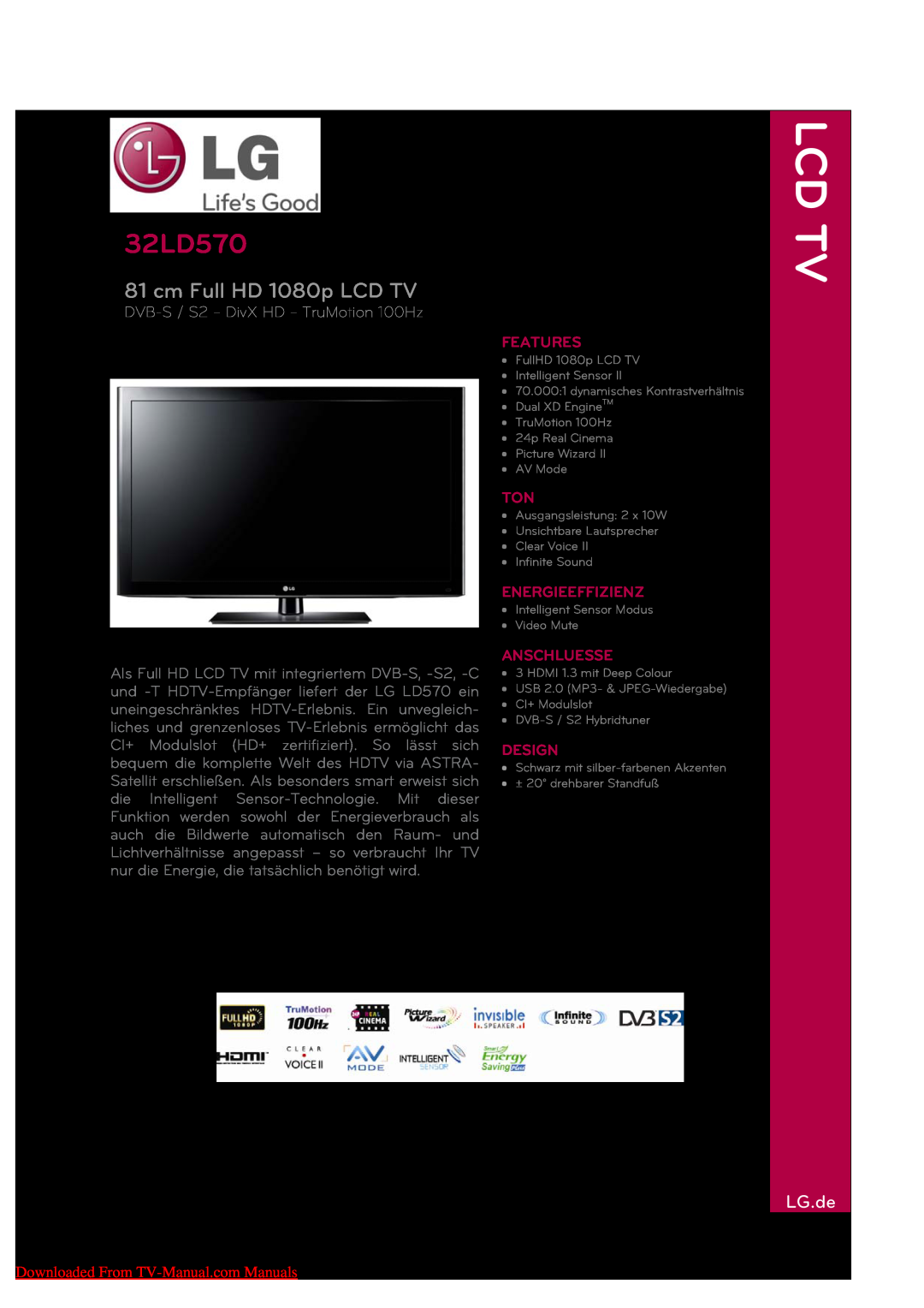 LG Electronics 32LD570 manual cm Full HD 1080p LCD TV, LG.de, DVB-S / S2 - DivX HD - TruMotion 100Hz, Lcd Tv, Features 