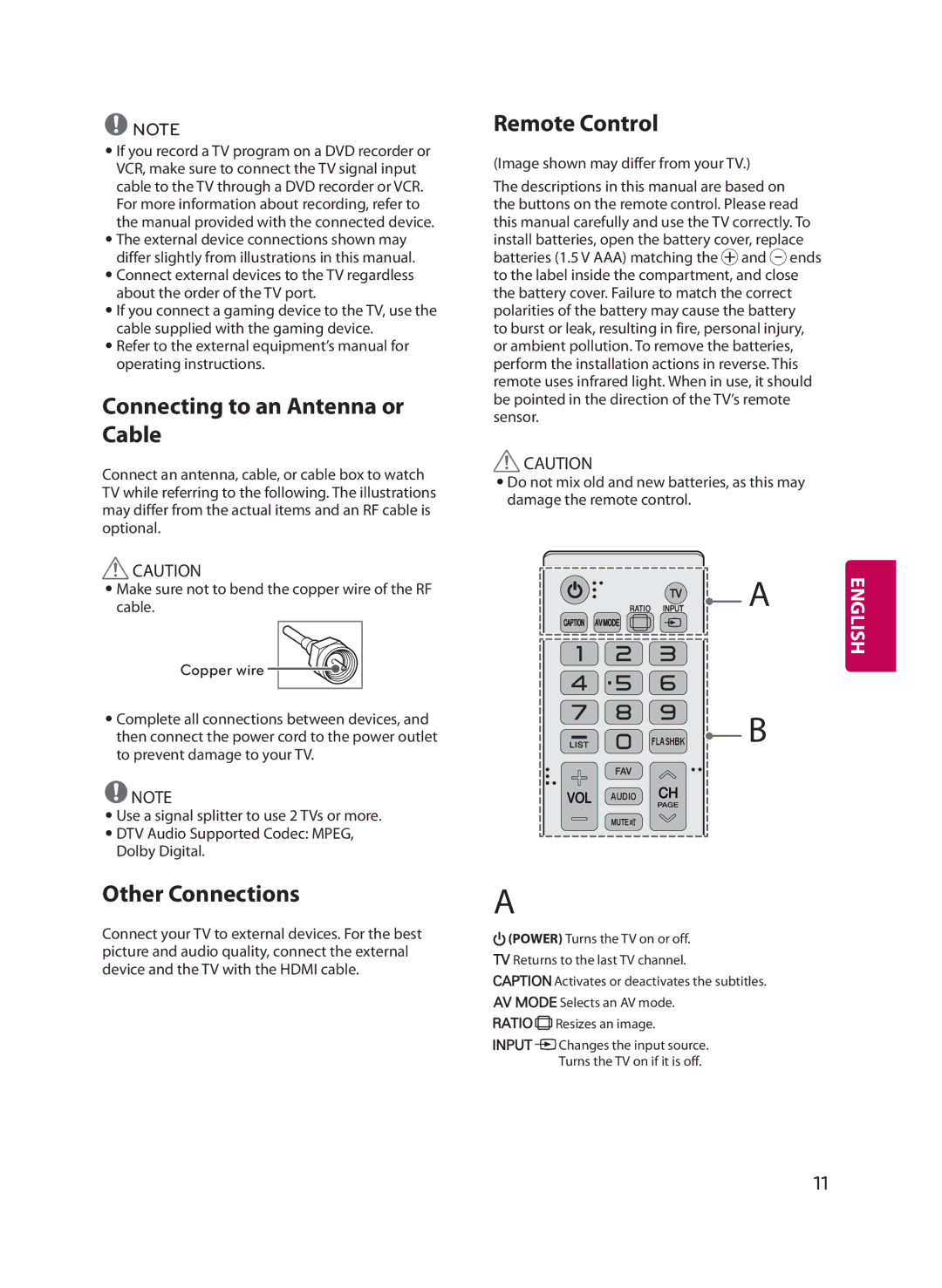 LG Electronics 32LF5600 owner manual Connecting to an Antenna or Cable, Other Connections, Remote Control 