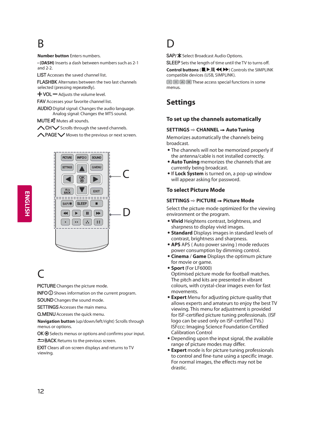 LG Electronics 32LF5600 owner manual Settings, To set up the channels automatically, To select Picture Mode 