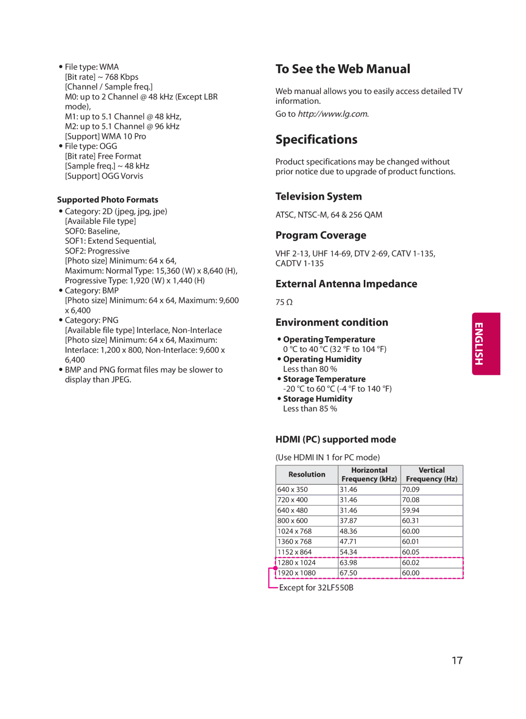 LG Electronics 32LF5600 owner manual To See the Web Manual, Specifications 