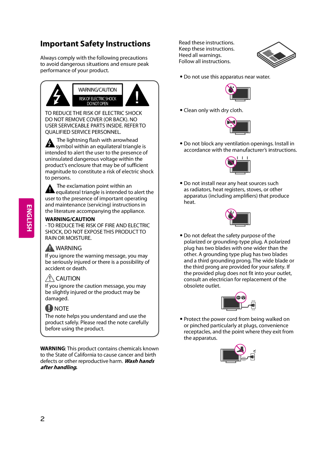 LG Electronics 32LF5600 owner manual Important Safety Instructions 