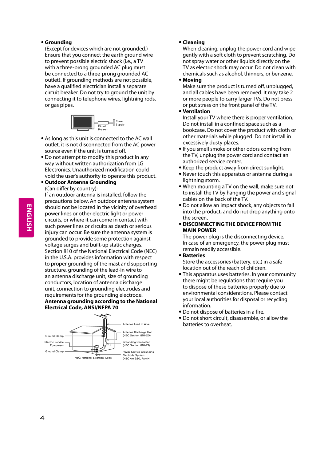 LG Electronics 32LF5600 owner manual Cleaning, Moving, Ventilation, Outdoor Antenna Grounding, Batteries 