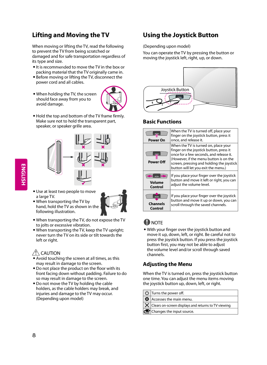 LG Electronics 32LF5600 owner manual Lifting and Moving the TV, Using the Joystick Button, Depending upon model 