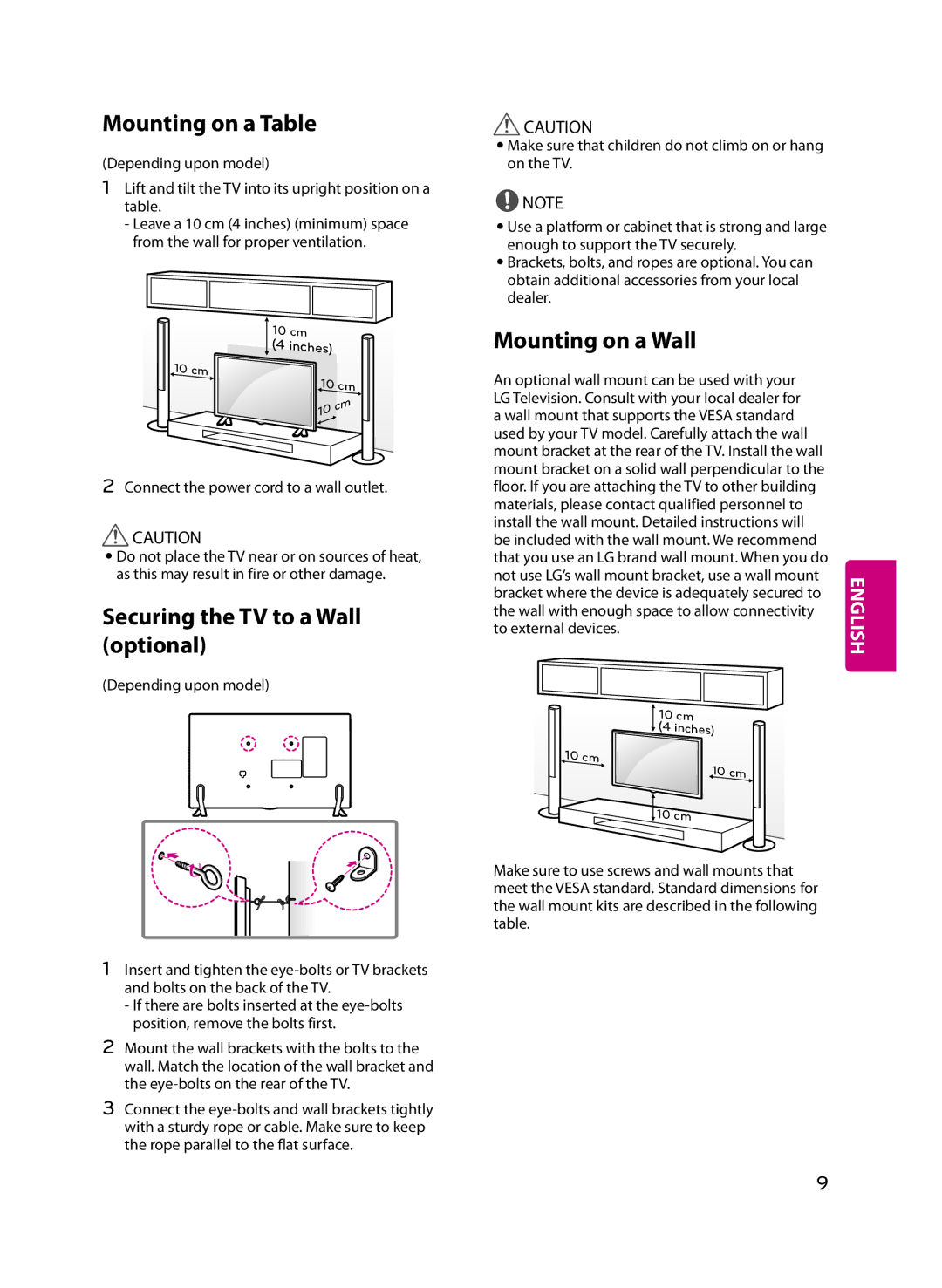 LG Electronics 32LF5600 owner manual Mounting on a Table, Securing the TV to a Wall optional, Mounting on a Wall 