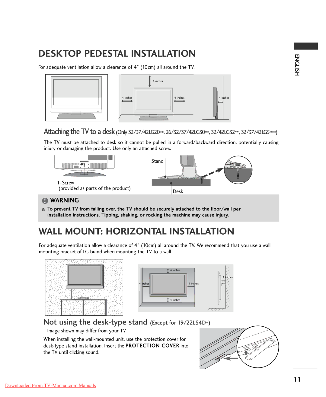 LG Electronics 26LG3000-ZA, 32LG3000-ZA, 32LG3030-ZA, 26LG3050-ZA, 22LG3060-ZB, 22LG3000-ZA Desktop Pedestal Installation 