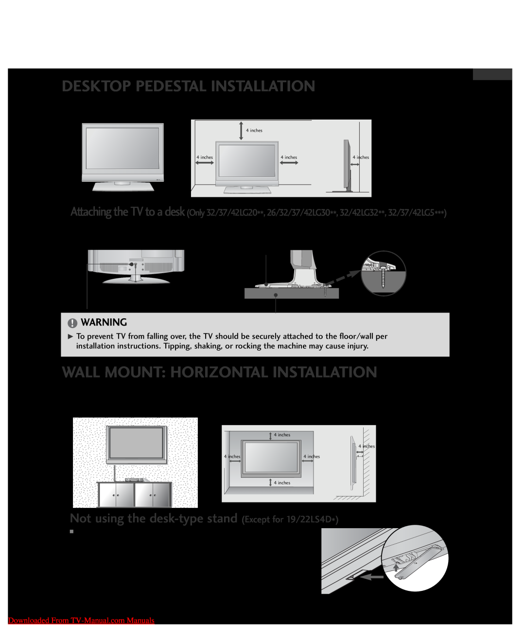 LG Electronics 26LG3000-ZA, 32LG3000-ZA Desktop Pedestal Installation, Wall Mount Horizontal Installation, English 
