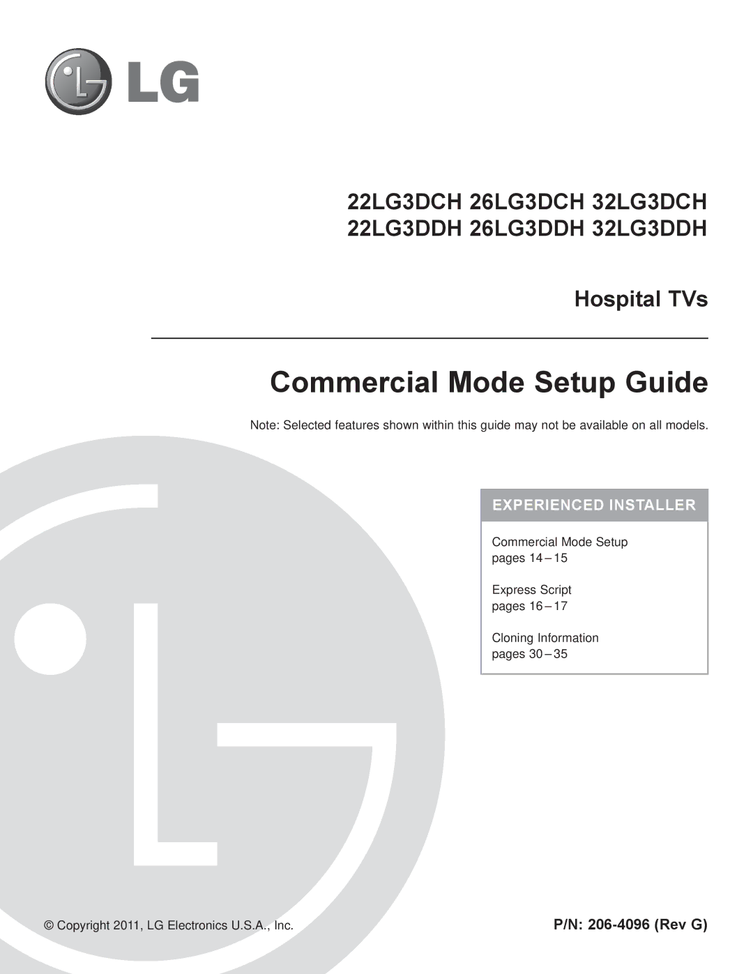 LG Electronics 32LG3DCH, 32LG3DDH, 22LG3DDH, 22LG3DCH, 26LG3DCH setup guide Rev G, Copyright 2011, LG Electronics U.S.A., Inc 