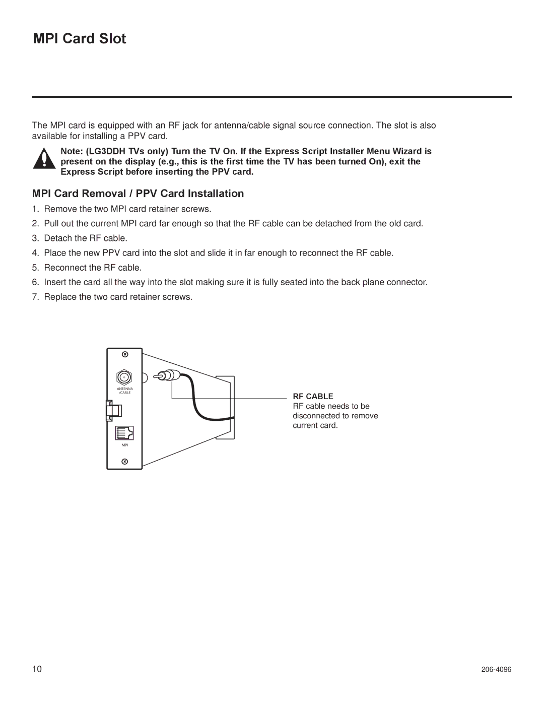 LG Electronics 26LG3DCH, 32LG3DDH, 32LG3DCH, 22LG3DDH MPI Card Slot, MPI Card Removal / PPV Card Installation, RF Cable 