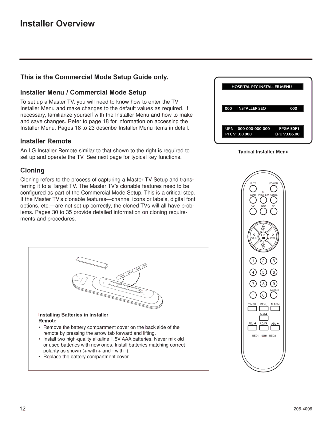 LG Electronics 32LG3DDH Installer Overview, Cloning, Installing Batteries in Installer Remote, Typical Installer Menu 