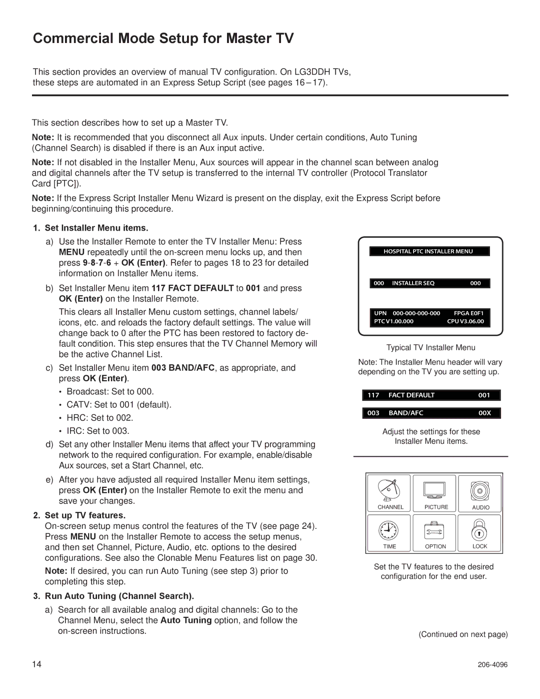 LG Electronics 22LG3DDH, 32LG3DDH Commercial Mode Setup for Master TV, Set Installer Menu items, Set up TV features 