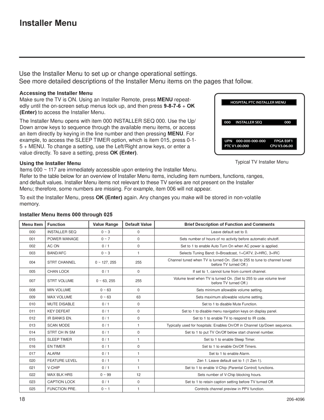 LG Electronics 32LG3DDH Accessing the Installer Menu, Using the Installer Menu, Installer Menu Items 000 through 